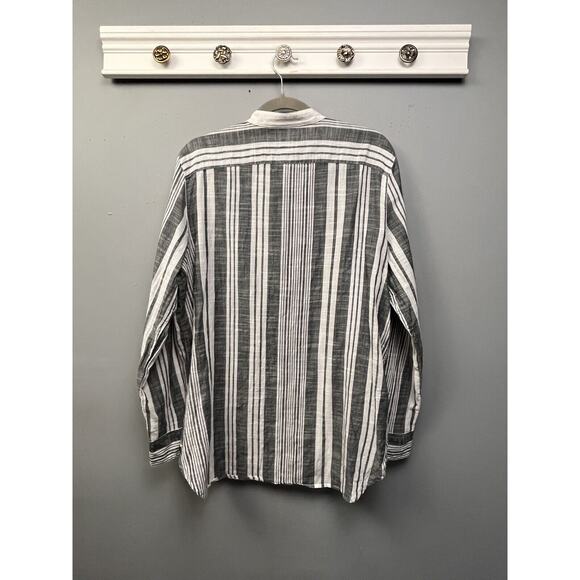 Chaps Button front Blouse Womens XL Gray Striped Lightweight Collarless Pocket - Picture 2 of 7